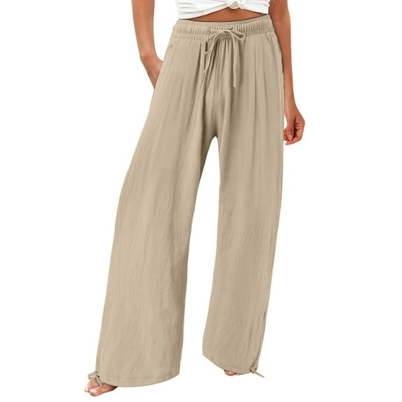 HXWCHs Women's Casual Loose Fit Elastic Waist Daily Wear Solid Color Pocket Long Trousers for Comfort S Khaki
