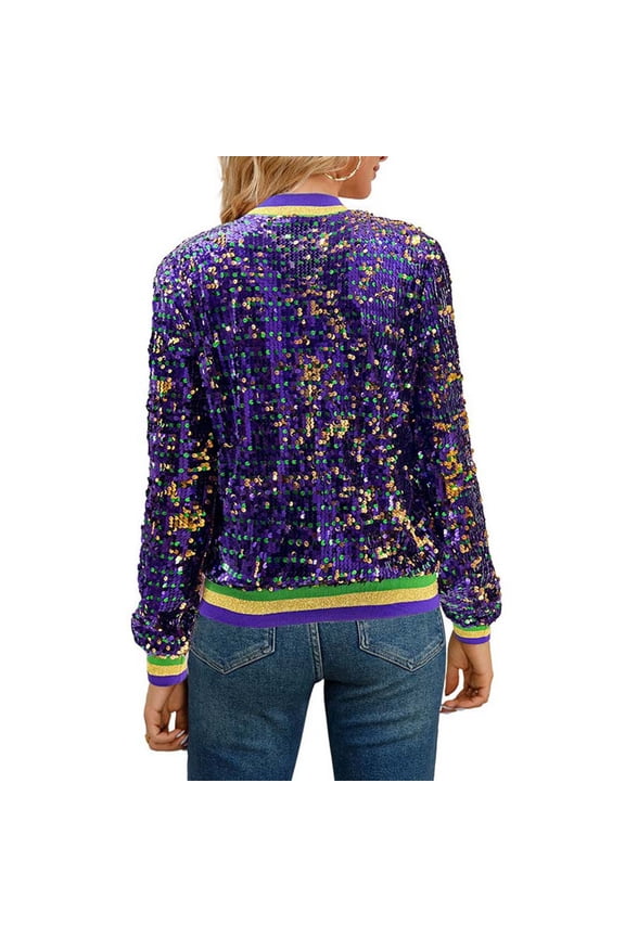 Women's Casual Sequin Beaded Baseball Jacket for Fall and Winter Fashion Outerwear L Purple