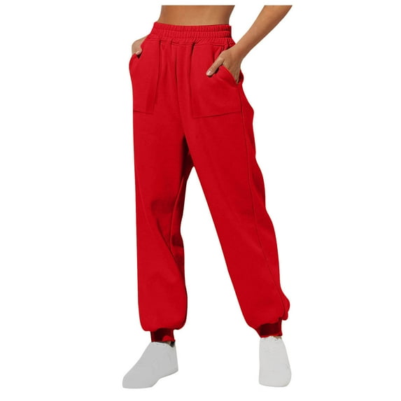 HXWCHs Women's Casual Solid Color Joggers with Elastic Waistband and Drawstring for Comfortable Wear L Red