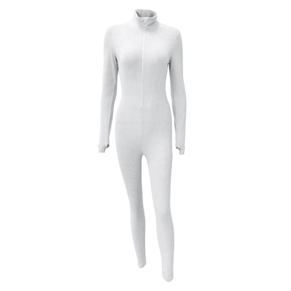 HXWCHs Women's Cropped Jumpsuit, Women's Fashionable Solid Color Elastic High Neck Zipper Embroidered Tight Fitting Jumpsuit for Spring Autumn Seasons S White