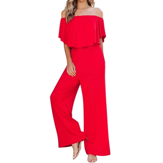 HXWCHs Women's Denim Jumpsuit, Elegant off The Shoulder Jumpsuit for Women One Line Shoulder Spring Summer Fashion Romper XL Red