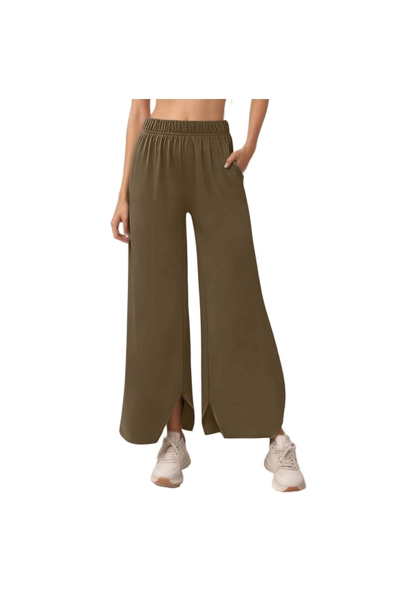 Women's Effortless Wide Leg Casual Pants with Front Slits Minimalist Everyday Trousers for Work and Leisure Comfort M Coffee