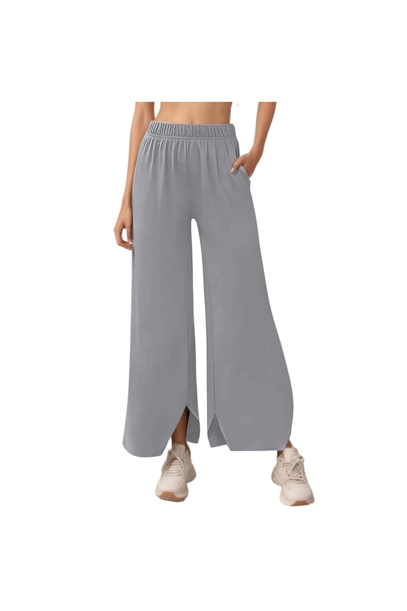 Women's Effortless Wide Leg Casual Pants with Front Slits Minimalist Everyday Trousers for Work and Leisure Comfort M Grey