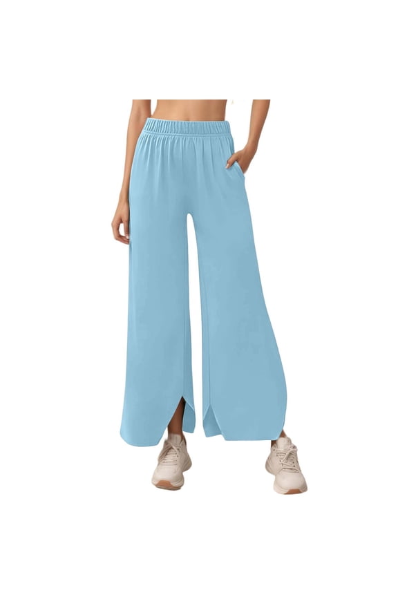 Women's Effortless Wide Leg Casual Pants with Front Slits Minimalist Everyday Trousers for Work and Leisure Comfort S Blue
