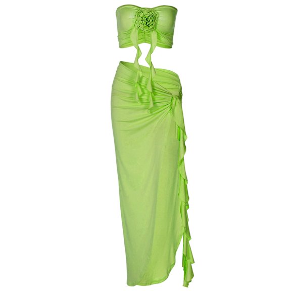 HXWCHs Women's Elegant Long Skirt Suit Set Daily Flowy Dress Featuring Slit Design and Floral Embellishment L Green