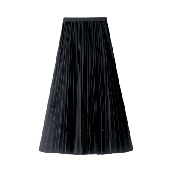 HXWCHs Women's Elegant Mesh Pleated Skirt High Waisted Feminine Winter Autumn Fairy Temperament Midi Skirt Black One Size