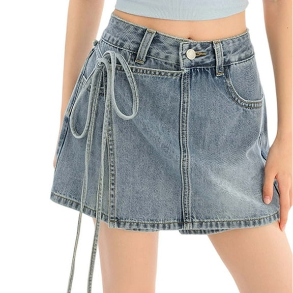 HXWCHs Women's Fashion Asymmetrical Tie Waist Denim Detail A Line Mini Skirt for Summer Casual Outfits Blue XS