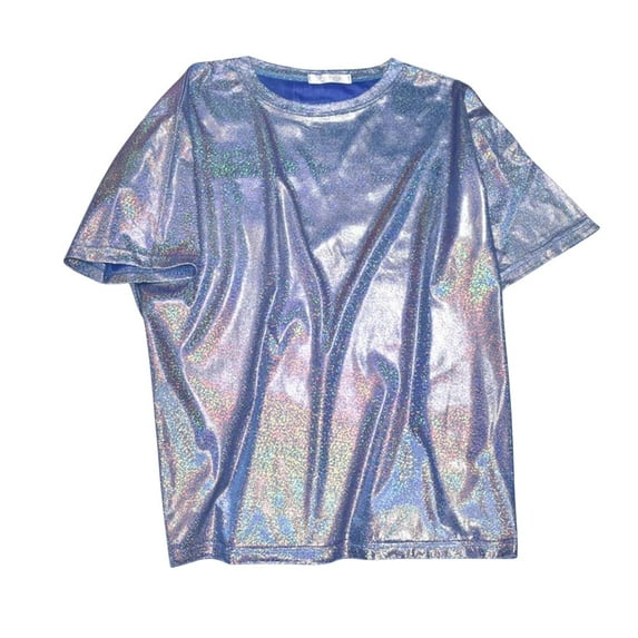 HXWCHs Women's Fashion Casual Shiny Silk Blend Round Neck Short Sleeve T-Shirt top for Everyday Comfort XXXL Blue