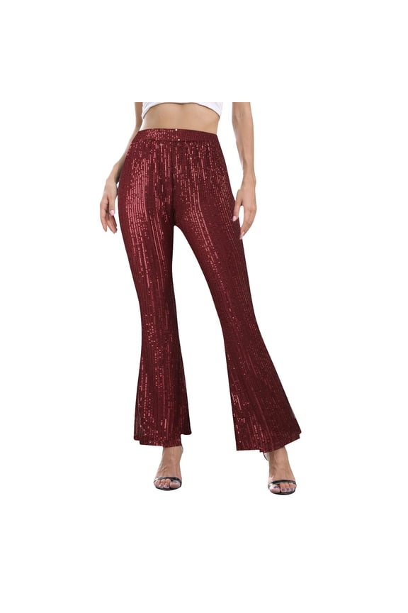 Women's Fashion High Waist Wide Leg Trousers wtih Sequins for Autumn Winter Casual M Red