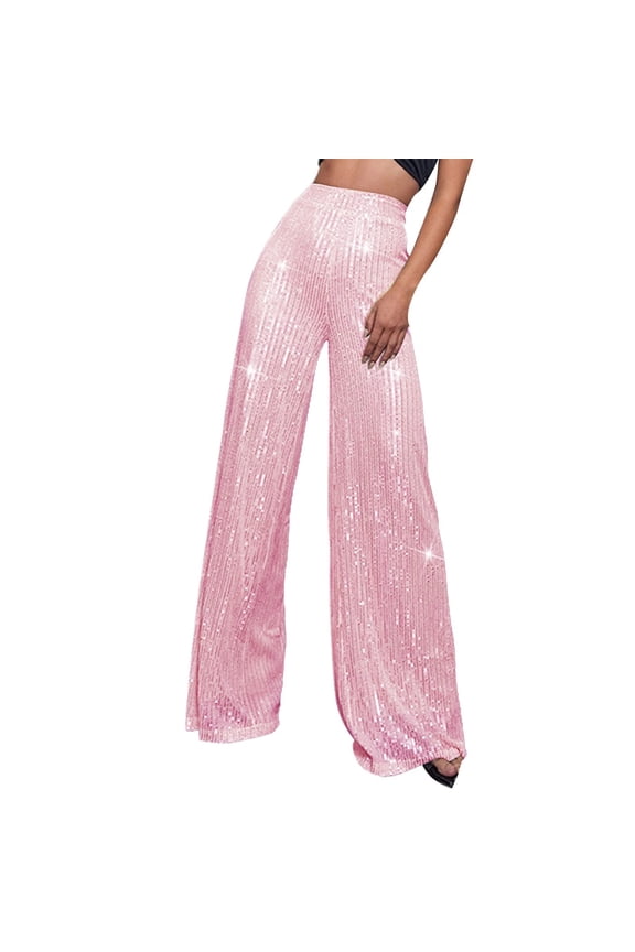 Women's Fashion High Waisted Wide Leg Flared Pants with Sparkling Sequins for Casual Nightclub Wear XXXL Gold