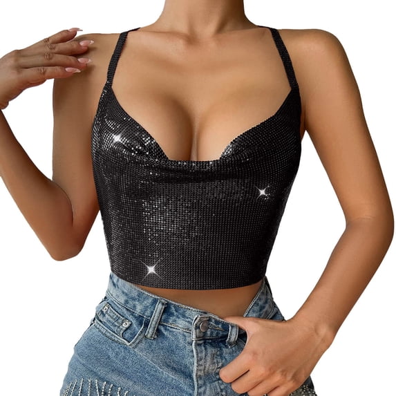 HXWCHs Women's Fashion Sequin Vest ofp Nightclub Wear Slim Fit Glitter Party Camisole M Black
