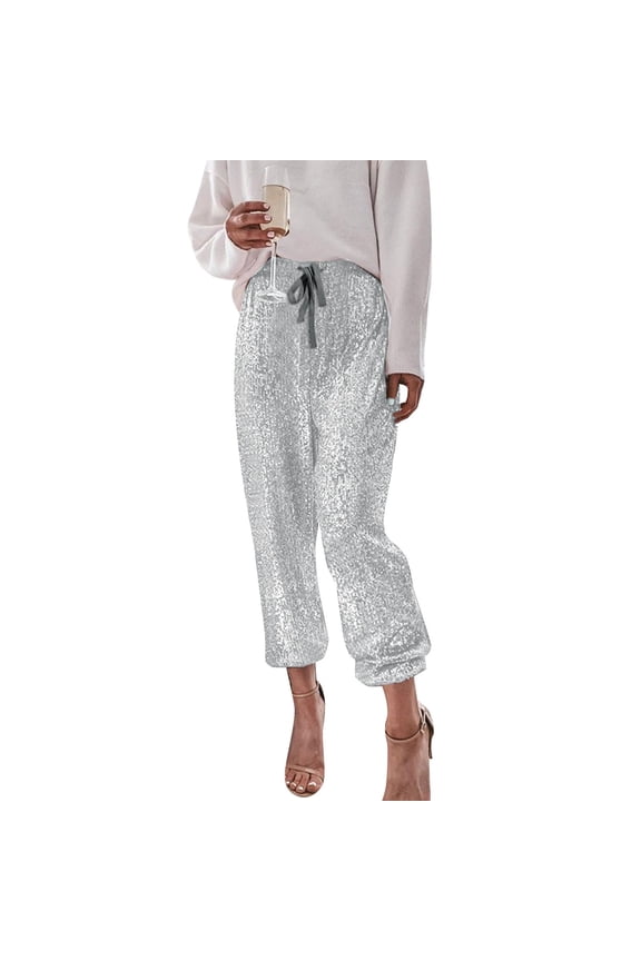 Women's Fashion Sequin Waist Tape Trousers Elegant Ruffle Hem Casual Cloth High Pants L Silver
