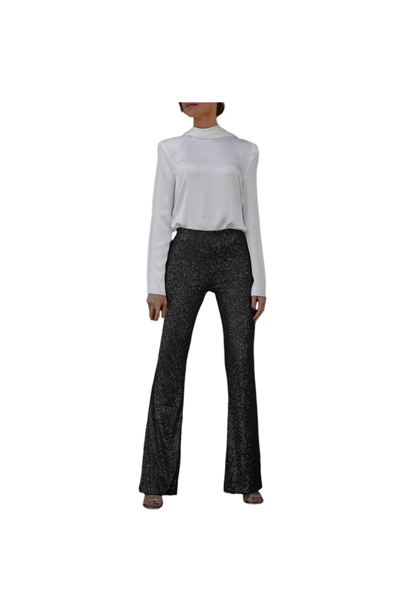 Women's Fashion Sequin with Elastic Waist Slim Fit Flared Leg for Casual Wear S Black