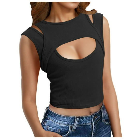 HXWCHs Women's Fashion Solid Color Sleeveless Cut Out Design Casual T-Shirt top S Black