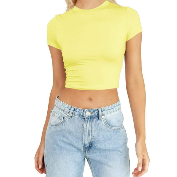 HXWCHs Women's Fashion Summer Crewneck Slim Fit Casual Basic Tee Cute Crop top Short Sleeve Shirt S Yellow