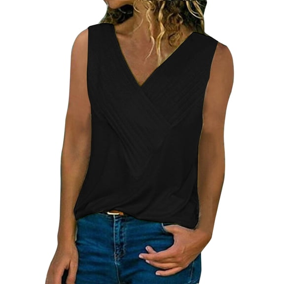 HXWCHs Women's Fashion V Neck Sleeveless Solid Color Casual T-Shirt top for Everyday Wear S Black
