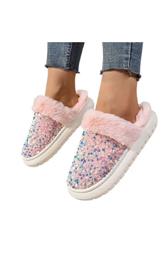 Women's Fashionable Carnival Sequined Lined Casual Slippers with Mid Heel 39 Pink