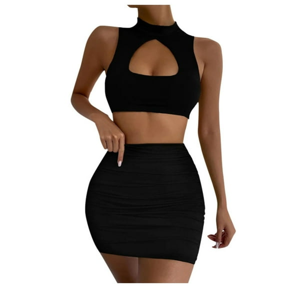 HXWCHs Women's Fashionable Hollow Out Crop Top and Bodycon Skirt Set Tight Fitted Dress Suit Two Piece Outfit S Black