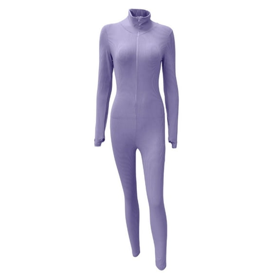 HXWCHs Women's Floral Print Jumpsuit, Women's Fashionable Solid Color Elastic High Neck Zipper Embroidered Tight Fitting Jumpsuit for Spring Autumn Seasons S Purple