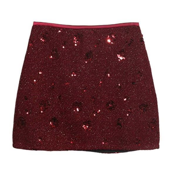 HXWCHs Women's Glitter Sequin Fringe Strap Chain Dance Skirt for Carnival Party Night Out Red S