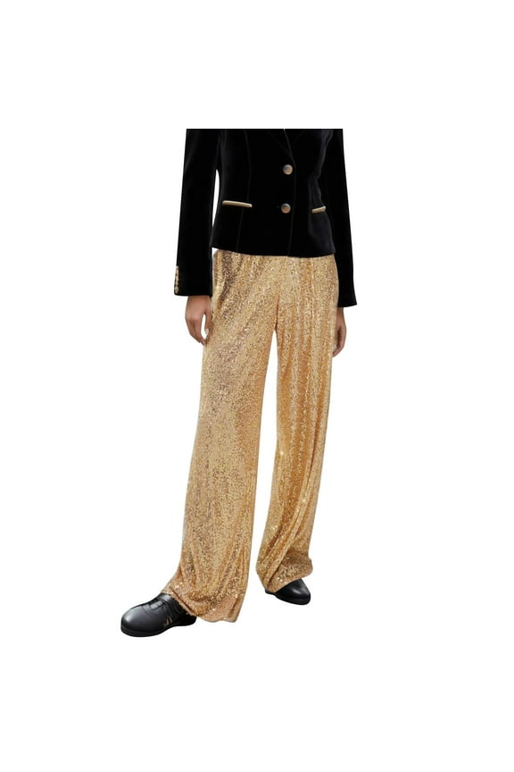 Women's Gold Wide Leg Trousers High Waist Glitter Sequin Casual Pants for XXL Gold