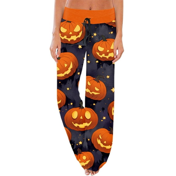 HXWCHs Women's Halloween Printed Wide Leg Pants High Waist Comfortable Elastic Drawstring Casual Wear for Seasonal Fall Spring XL Black