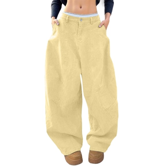 HXWCHs Women's Jeans Women's High Waisted Wide Leg Denim Pants Retro Loose Fit Casual Comfort Everyday Wear Barrel Jeans with Pockets Brown L