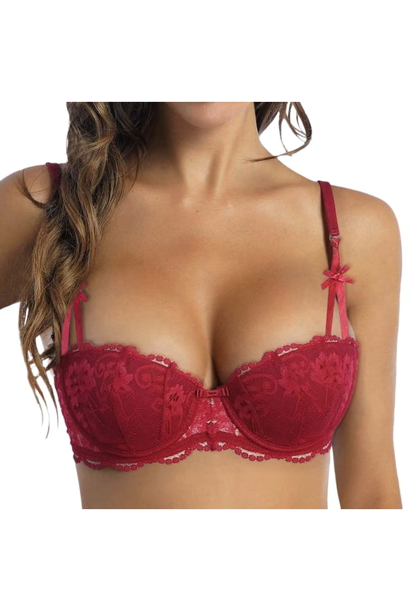 Women's Lace Bra Sheer Underwire Unlined Balconette Everyday Bras Lingerie Red 34-M