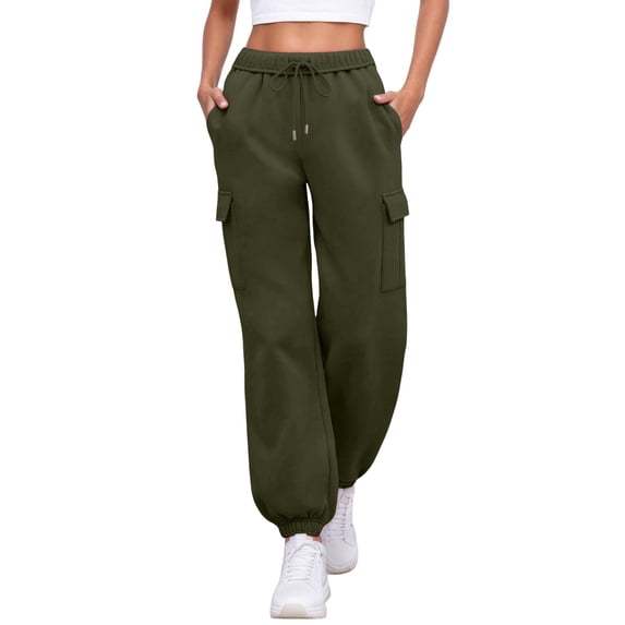 HXWCHs Women's Lined Cargo Sweatpants Loose Fit Athletic Joggers WITH Multiple Pockets for Casual Fall Outfits M Green