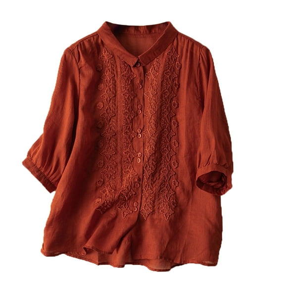 HXWCHs Women's Loose Fit Embroidered Blouse Quarter Length Sleeve top Comfortable Casual Fashion T-Shirt Red XXL