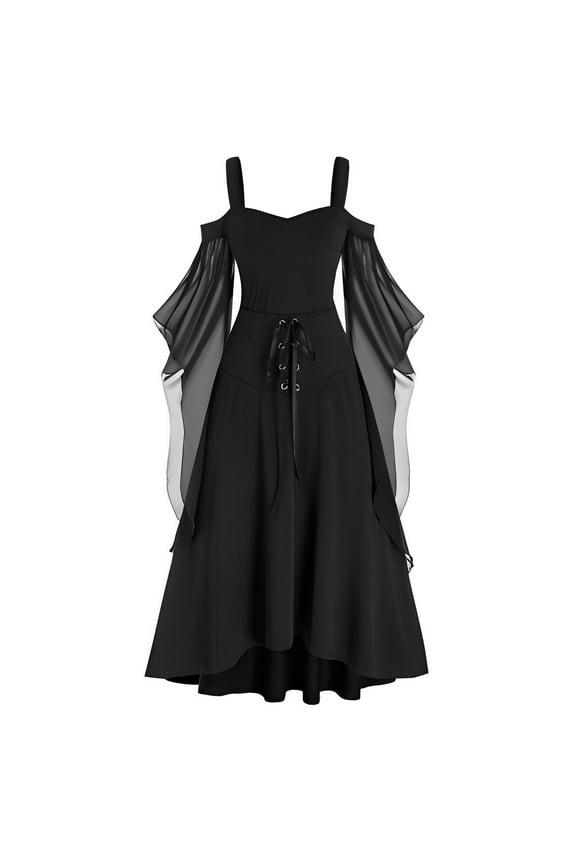 Women's Victorian Gothic Dress Solid Color Fitted Waist Retro Court Ball Gown Black XL