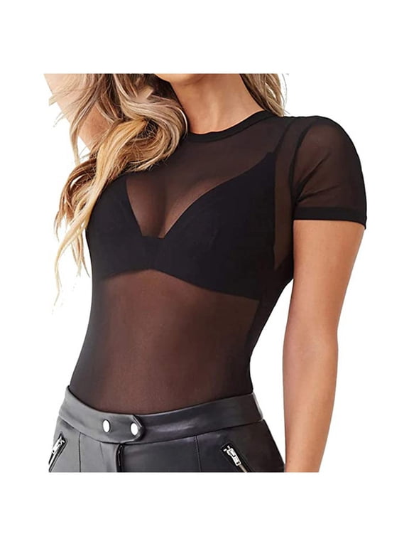 Women's Mesh Base Layer top Sheer Short Sleeve Blouse for Fashion Layering M Black