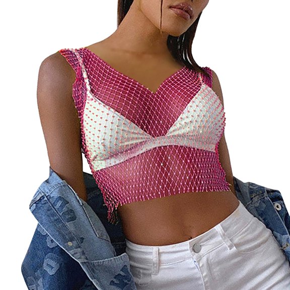 HXWCHs Women's Mesh Crop top with Rhinestone Embellishment Sheer Tank top for Fashionable Layering L Wine