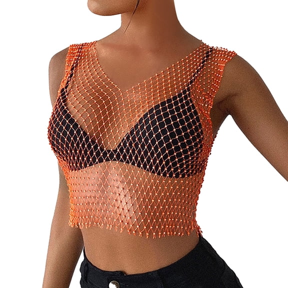 HXWCHs Women's Mesh Crop top with Rhinestone Embellishment Sheer Tank top for Fashionable Layering S Orange