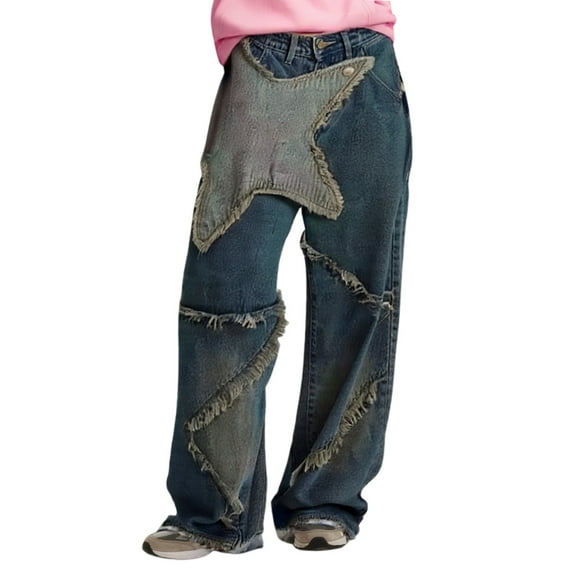 HXWCHs Women's Mom Jeans Retro Style & High Waist High Waisted Star Print Denim Jeans for Women Streetwear Loose Straight Leg Casual Pants Blue M