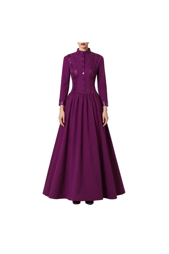 Women's Retro Gothic Victorian Gown Solid Color Tailored Waist Victorian Ball Dress Purple M