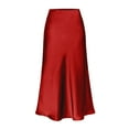 thumbnail image 1 of HXWCHs Women's Satin Midi Skirt with Elastic Waistband Flowy Slit Design for Daily Wear Red S, 1 of 2