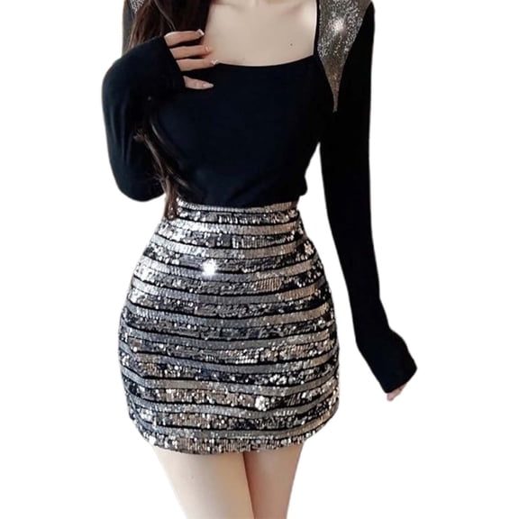 HXWCHs Women's Sequin A-Line Bodycon Mini Skirt Fashionable Party Evening Dress Grey XL