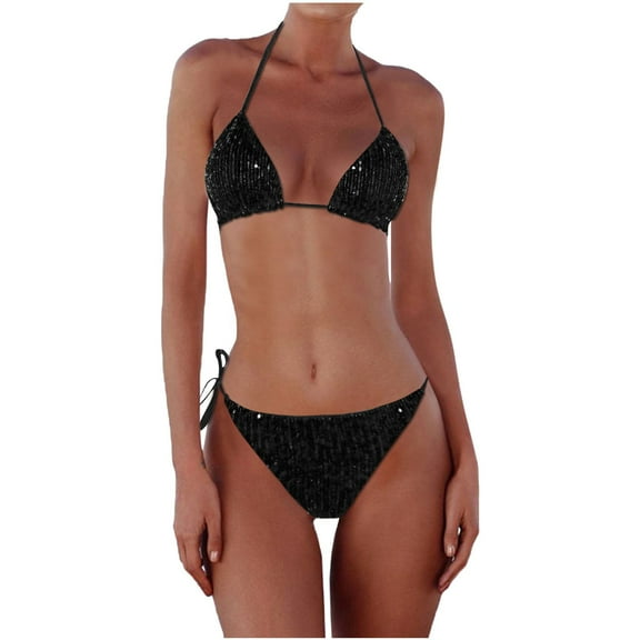 HXWCHs Women's Sequin Bikini Set Sparkling Triangle Top and Matching Bottoms Swimsuit for Beach Pool Party Black S