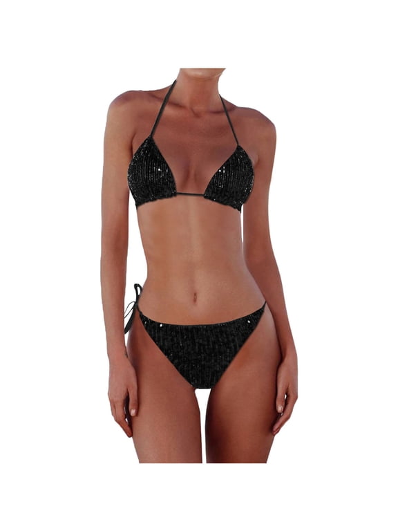 Women's Sequin Bikini Set Triangle Top and Matching Bottoms Swimsuit for Beach Pool Party Black S