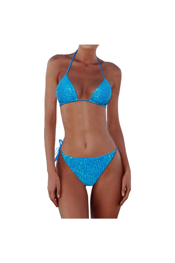 Women's Sequin Bikini Set Sparkling Triangle Top and Matching Bottoms Swimsuit for Beach Pool Party Blue S