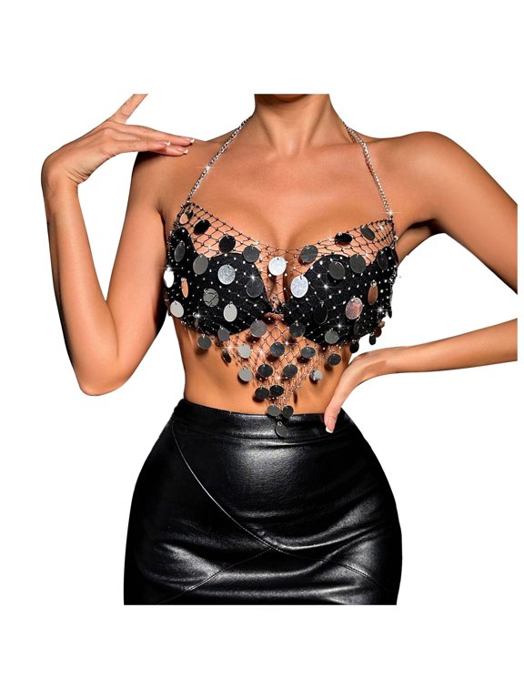 Women's Sequin Fishnet Wrap Vest Party ofp for Nightclub and Evening Events M Black