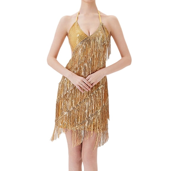 HXWCHs Women's Sequin Fringe Party Gown for Latin Dance Stage Performance and Carnival Celebration M Gold