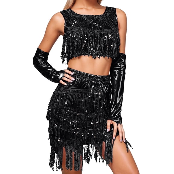 HXWCHs Women's Sequin Tassel Wrap Mini Skirt and Vest Clubwear Party Outfit Set One Size Black