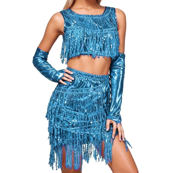 HXWCHs Women's Sequin Tassel Wrap Mini Skirt and Vest Clubwear Party Outfit Set One Size Sky Blue