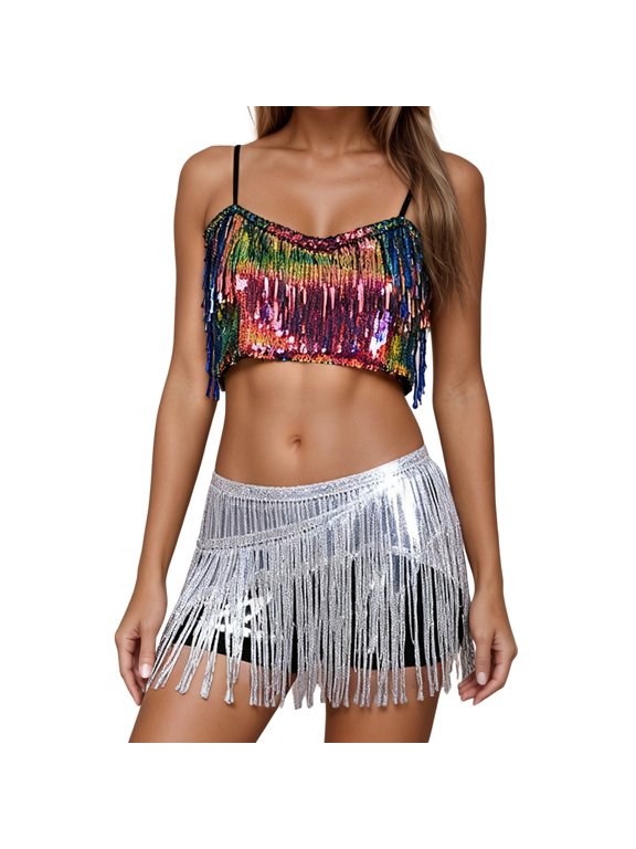 Women's Sequin Tassel Wrap Mini Skirt and Vest Clubwear Party Outfit Set One Size White