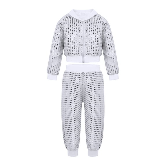 HXWCHs Women's Shiny Sequins Dance Set Full Zipper top and Harem Pants Street Jazz Performance Outfit S Silver
