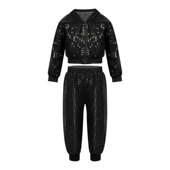HXWCHs Women's Shiny Sequins Dance Set Full Zipper top and Harem Pants Street Jazz Performance Outfit XL Black