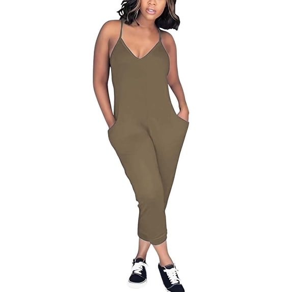 HXWCHs Women's Short Sleeve Jumpsuit, Women's V Neck Sleeveless Solid Camisole Jumpsuit Casual Romper with Pockets Comfortable Jogger Style Wear L Khaki