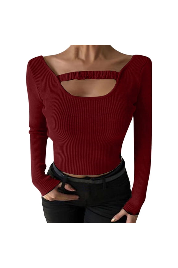 Women's Slim Fit Long Sleeve Knit top U Neck Solid Color Threaded Detail Casual Basic Tee XL Wine